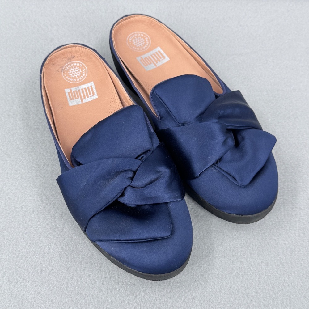 FitFlop Superskate Knot Mule Women 9 Navy Satin Slip On Clog Comfort Regencycore